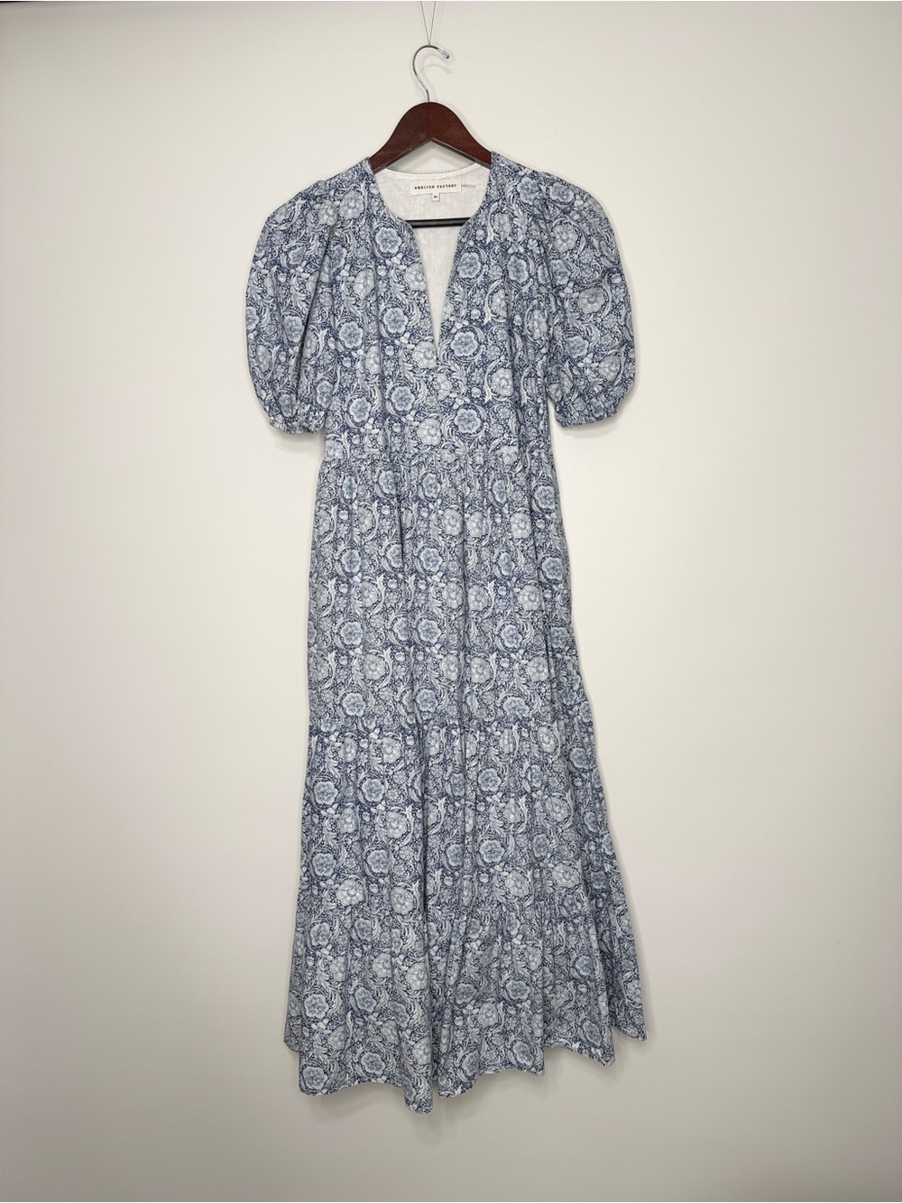 English Factory Blue Floral Cotton Puff-Sleeve Maxi Dress XS